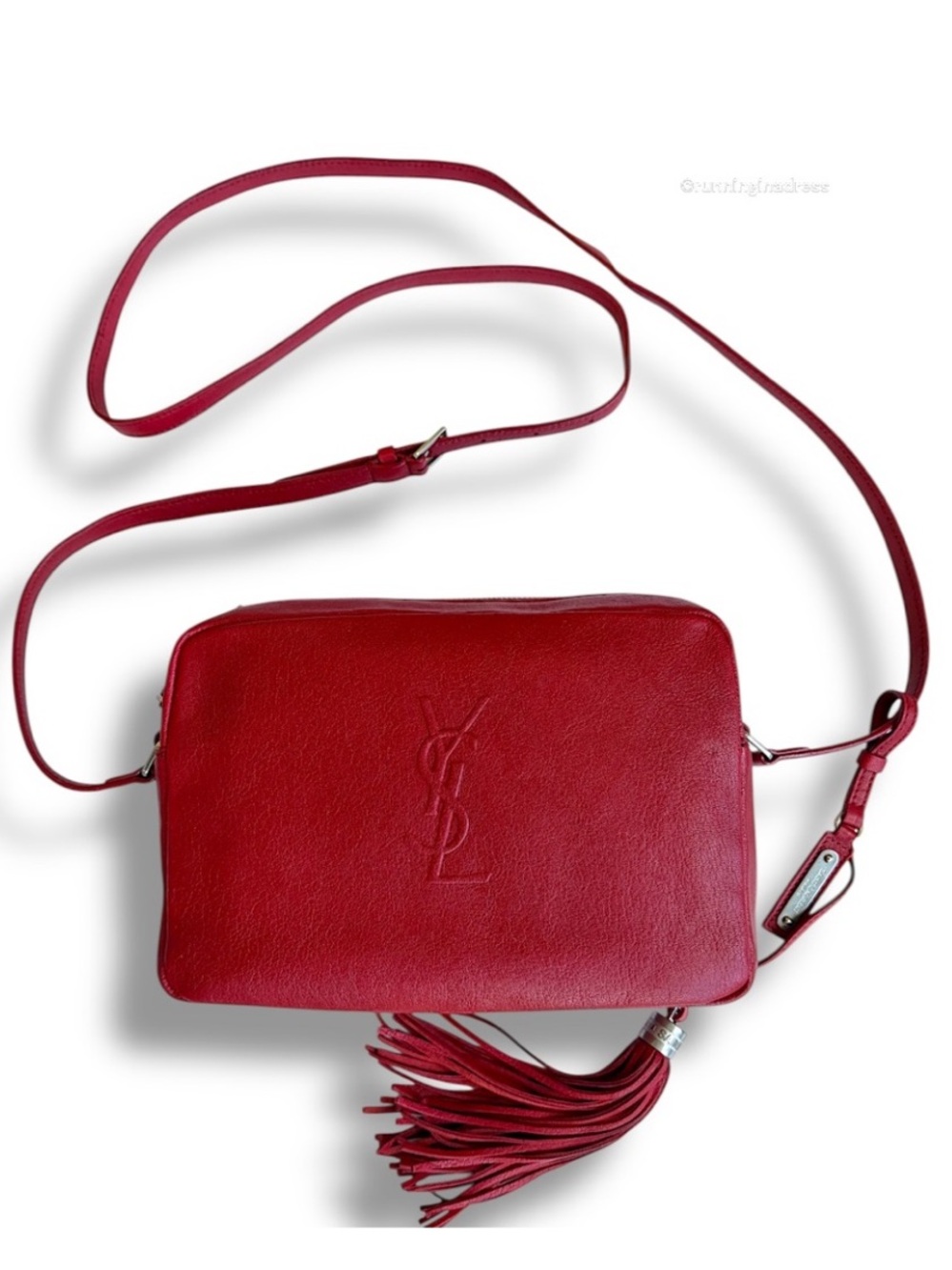 Authentic Saint Laurent Red Calfskin Lou Camera Tassel Crossbody Bag Silver YSL